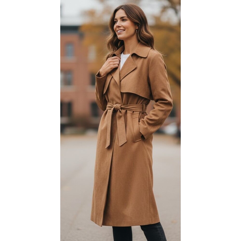 DESIGNER H&M TAN FAUX SUEDE BELTED MIDI LENGTH 48" TRENCH COAT SIZE XLARGE - Picture 6 of 16